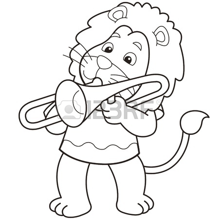 450x450 Cartoon Lion Playing A Trombone Black And White Royalty Free