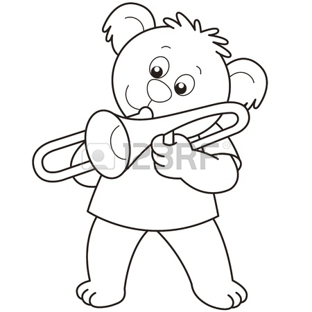 450x450 Cartoon Bear Playing A Trombone.black And White Royalty Free