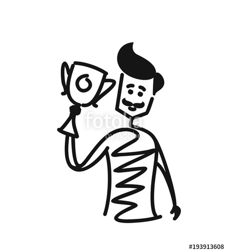 452x500 Men Holding Up Winning Trophy, Cartoon Hand Drawn Sketch Vector