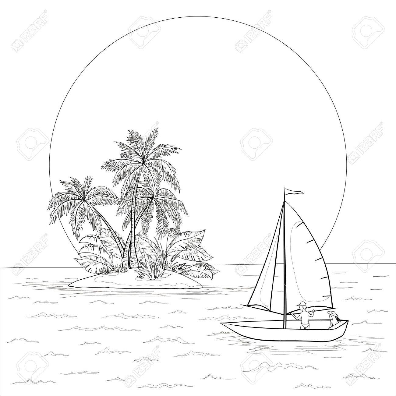 1300x1300 Sailing Boat With A People Floating In The Tropical Sea Against