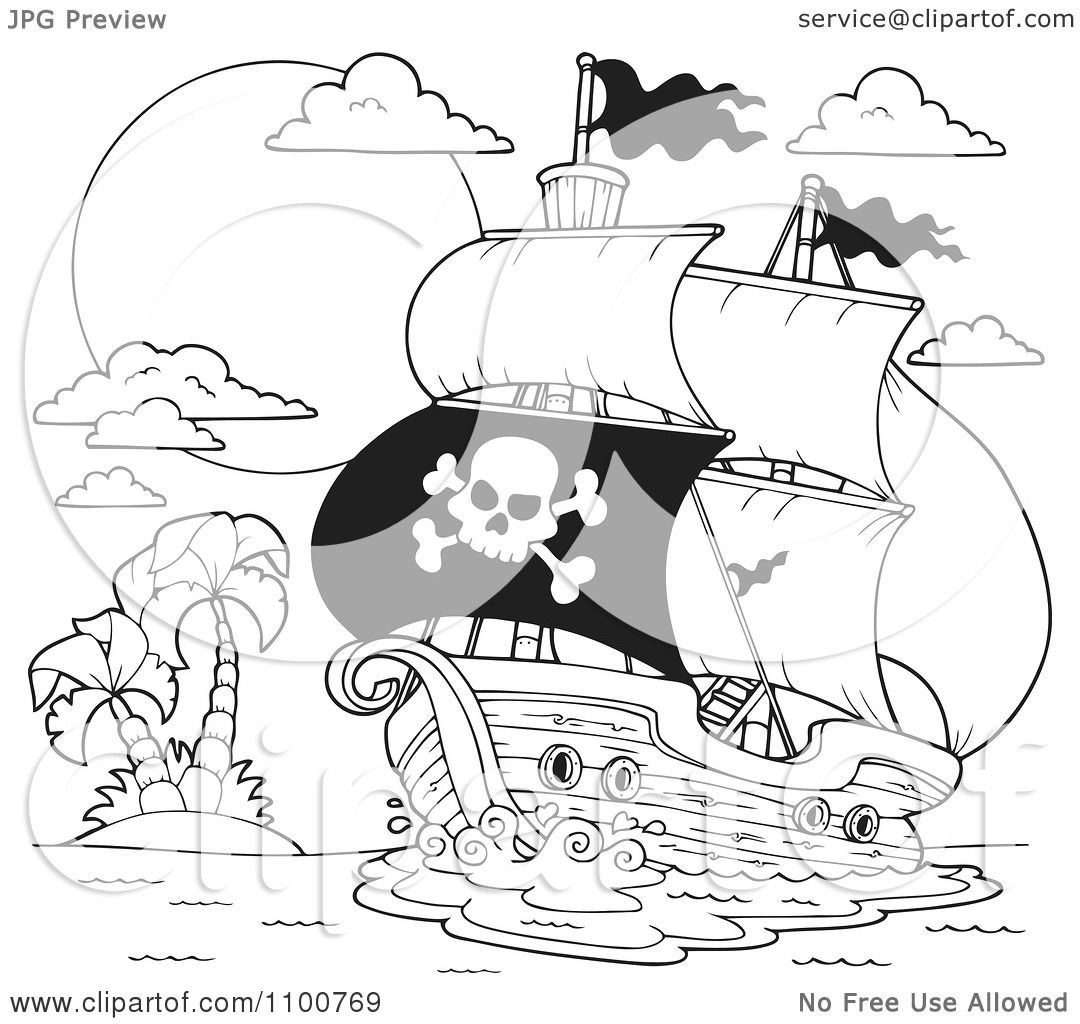 1080x1024 Clipart Outlined Pirate Ship Nearing A Tropical Island
