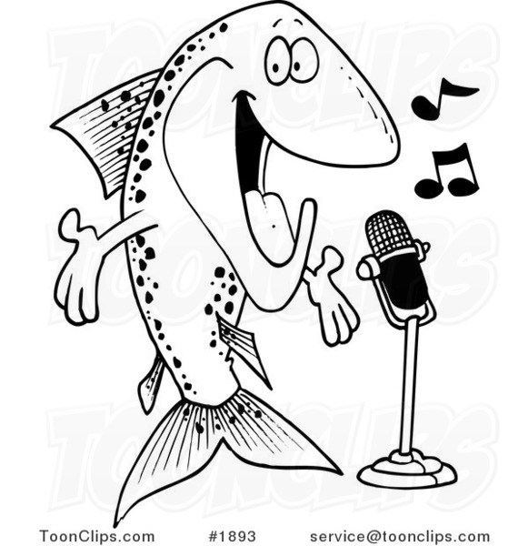 581x600 Cartoon Black And White Line Drawing Of A Musical Trout Singing
