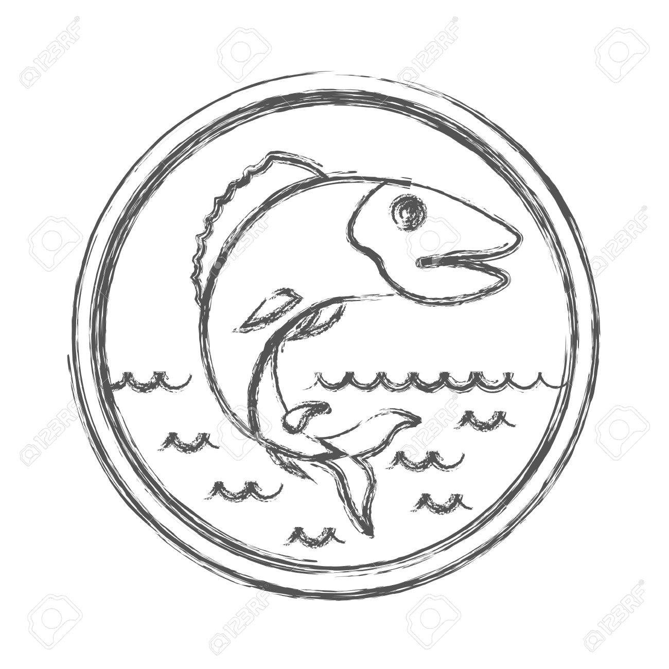 1300x1300 Blurred Sketch Silhouette Of Circular Emblem With Waves Of Sea