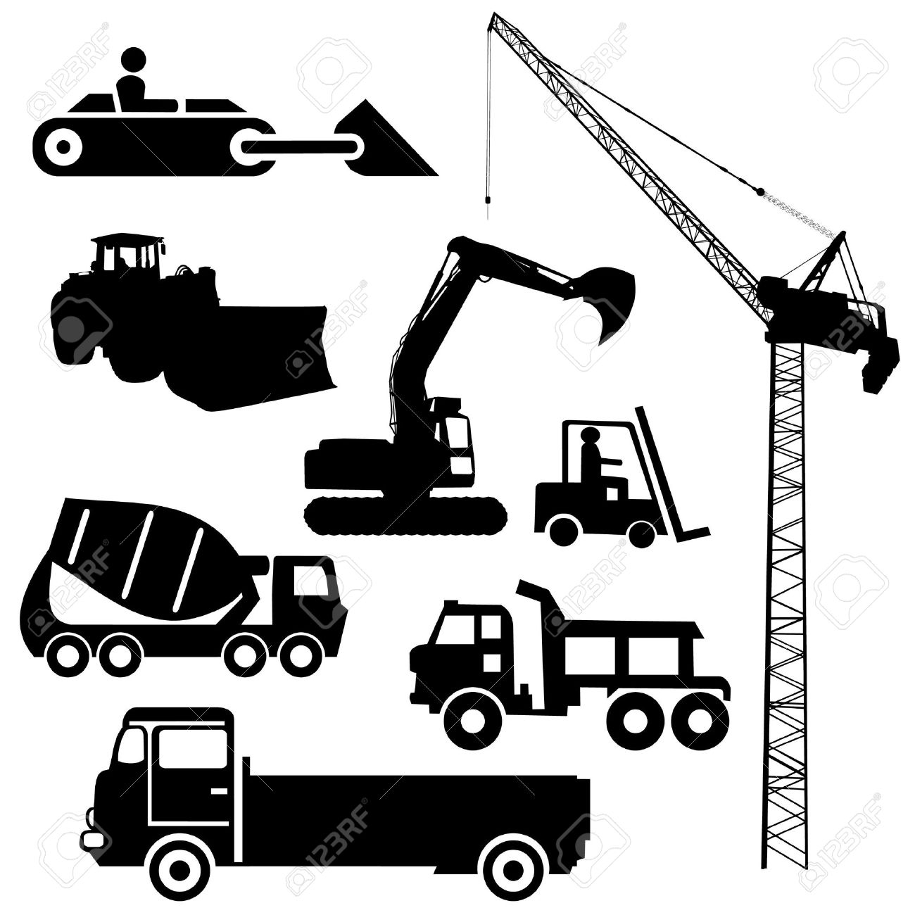 1300x1300 Construction Machinery Silhouettes Including Crane Excavator Stock