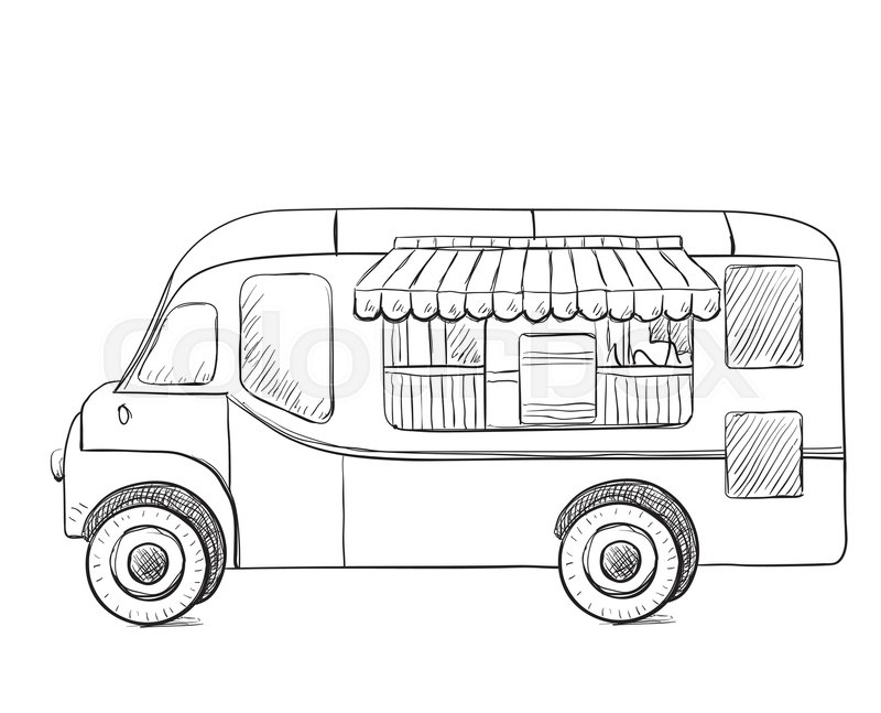800x647 Hand Drawn Food Truck. Delivery Service Sketch Stock Vector