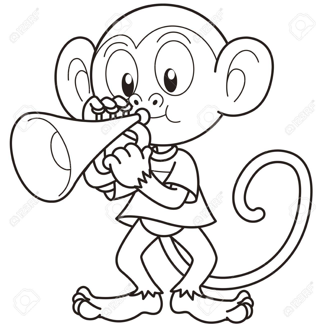 1300x1300 Cartoon Monkey Playing A Trumpet Black And White Royalty Free