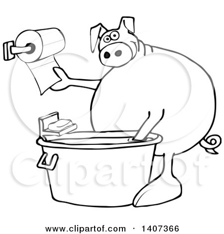 450x470 Clipart Of A Cartoon Black And White Lineart Pig Washing His Hands