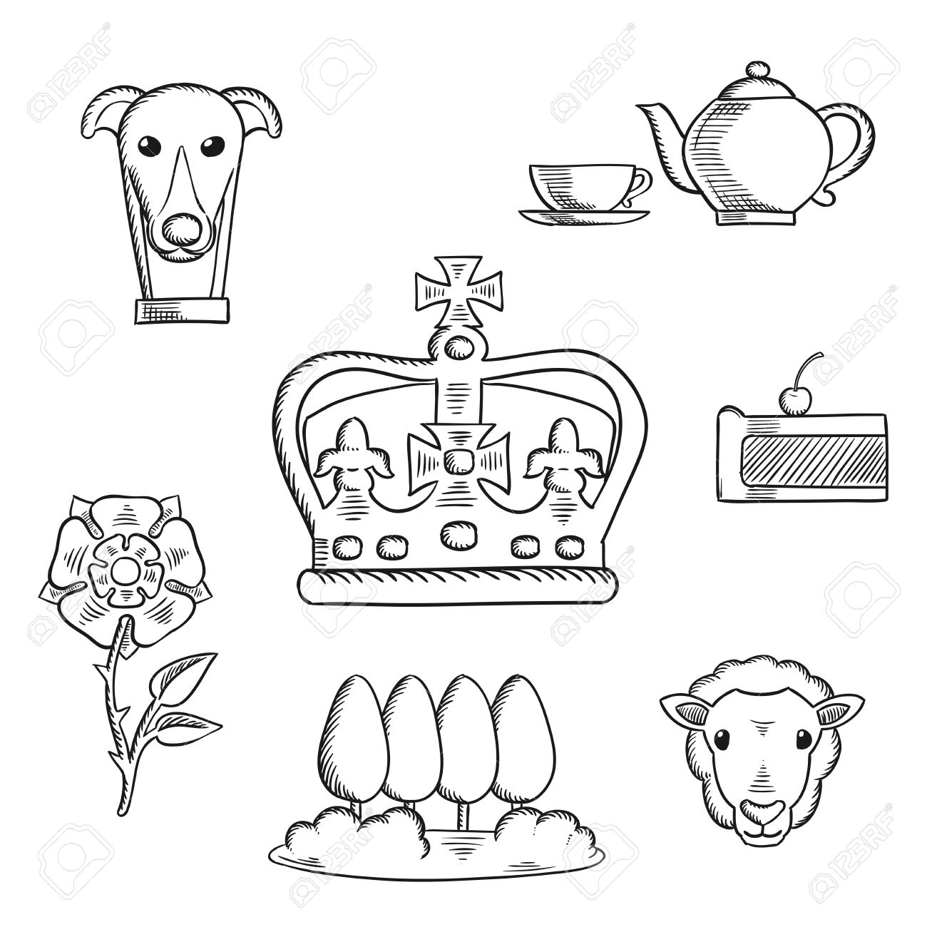 1300x1300 England Traditional Objects And Symbols Sketch Icons With Heraldic
