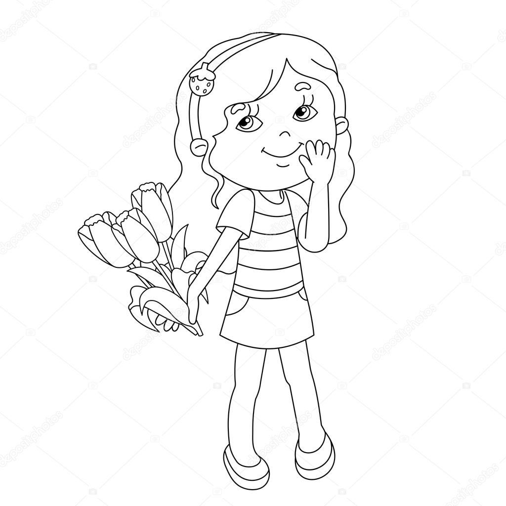 1024x1024 Coloring Page Outline Of Girl With Bouquet Of Tulips Stock