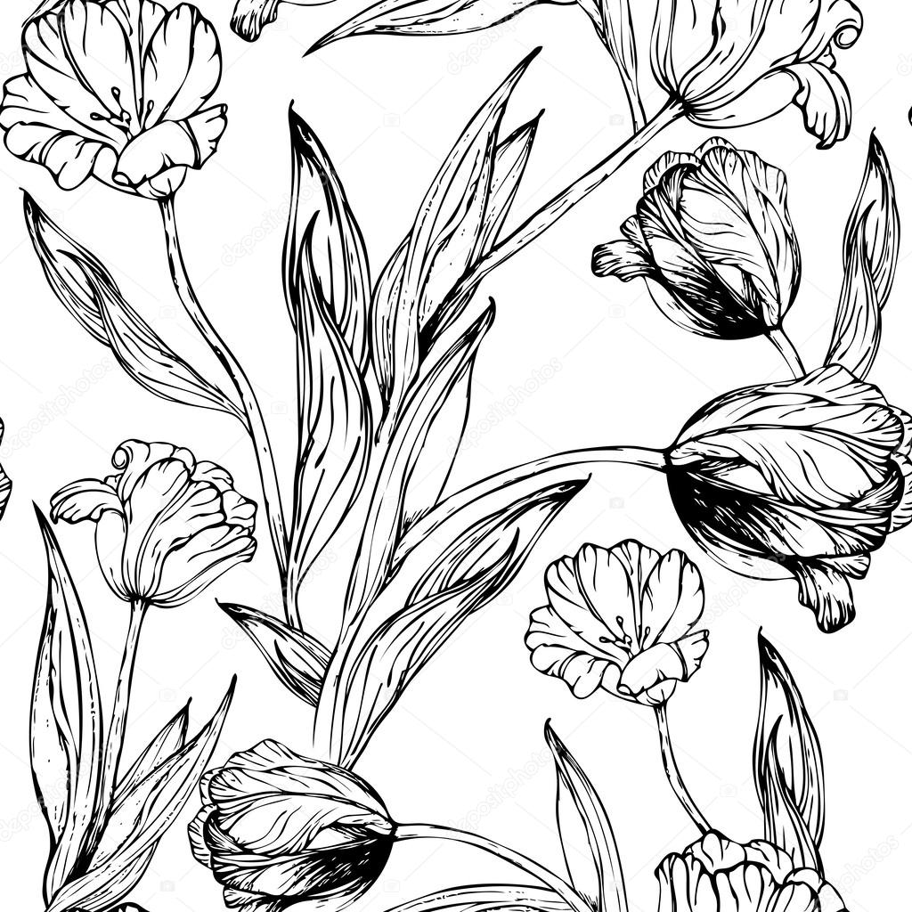 1024x1024 Vector Seamless Pattern With Hand Drawing Black And White Tulips