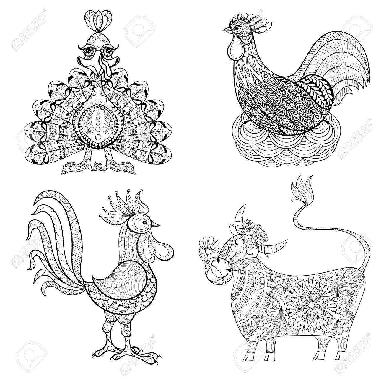 1300x1300 Cow, Chicken In Nest, Rooster, Turkey For Adult Coloring Page