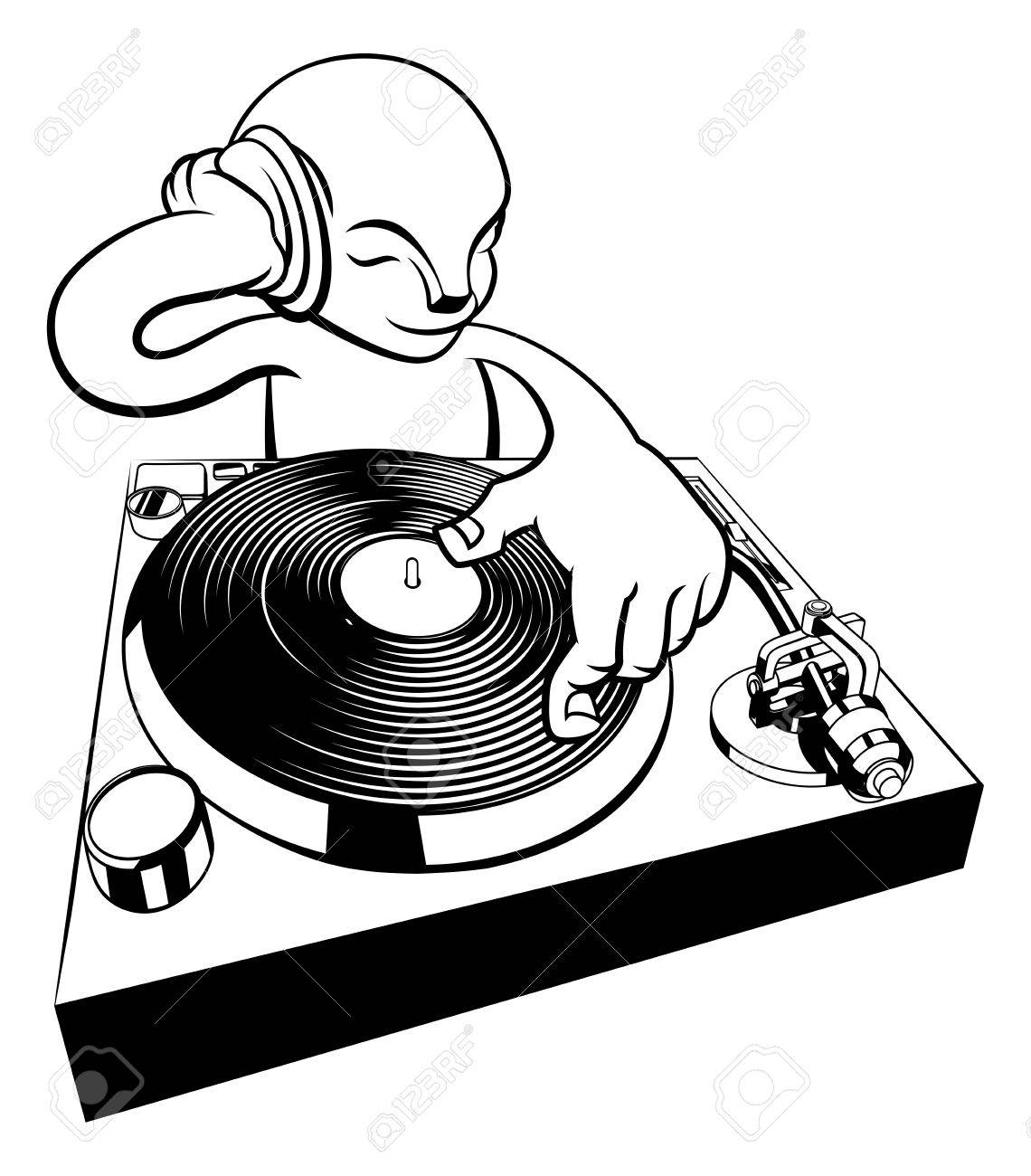 1140x1300 A Cartoon Alien Character Dj On Turntable Decks Royalty Free