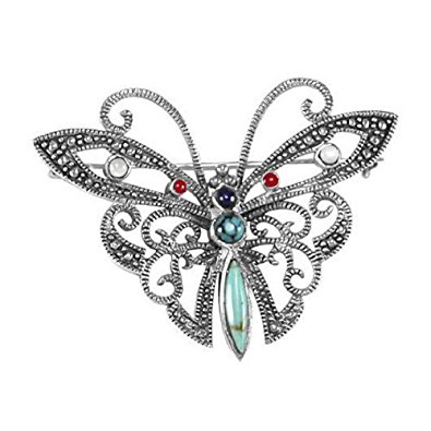 395x395 Colourful Butterfly Sterling Silver Marcasite Brooch With Inlay