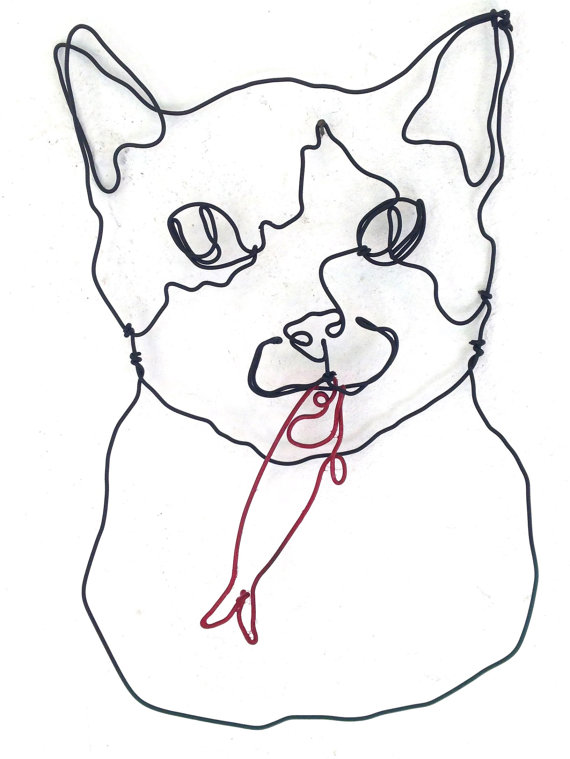 570x759 Wire Wall Art Tuxedo Cat Face Sculpture Cat And Fish Home