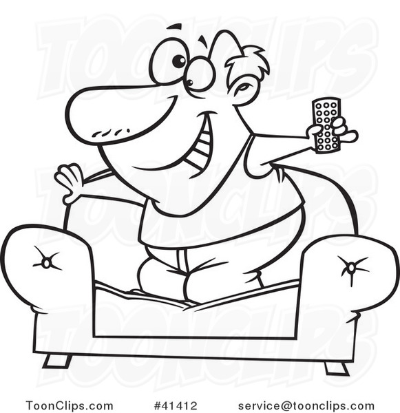 581x600 Cartoon Outlined Couch Surfer Guy Standing On His Sofa With A Tv