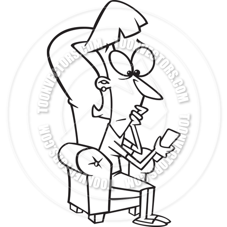 460x460 Cartoon Woman With A Tv Remote Control (Black And White Line Art