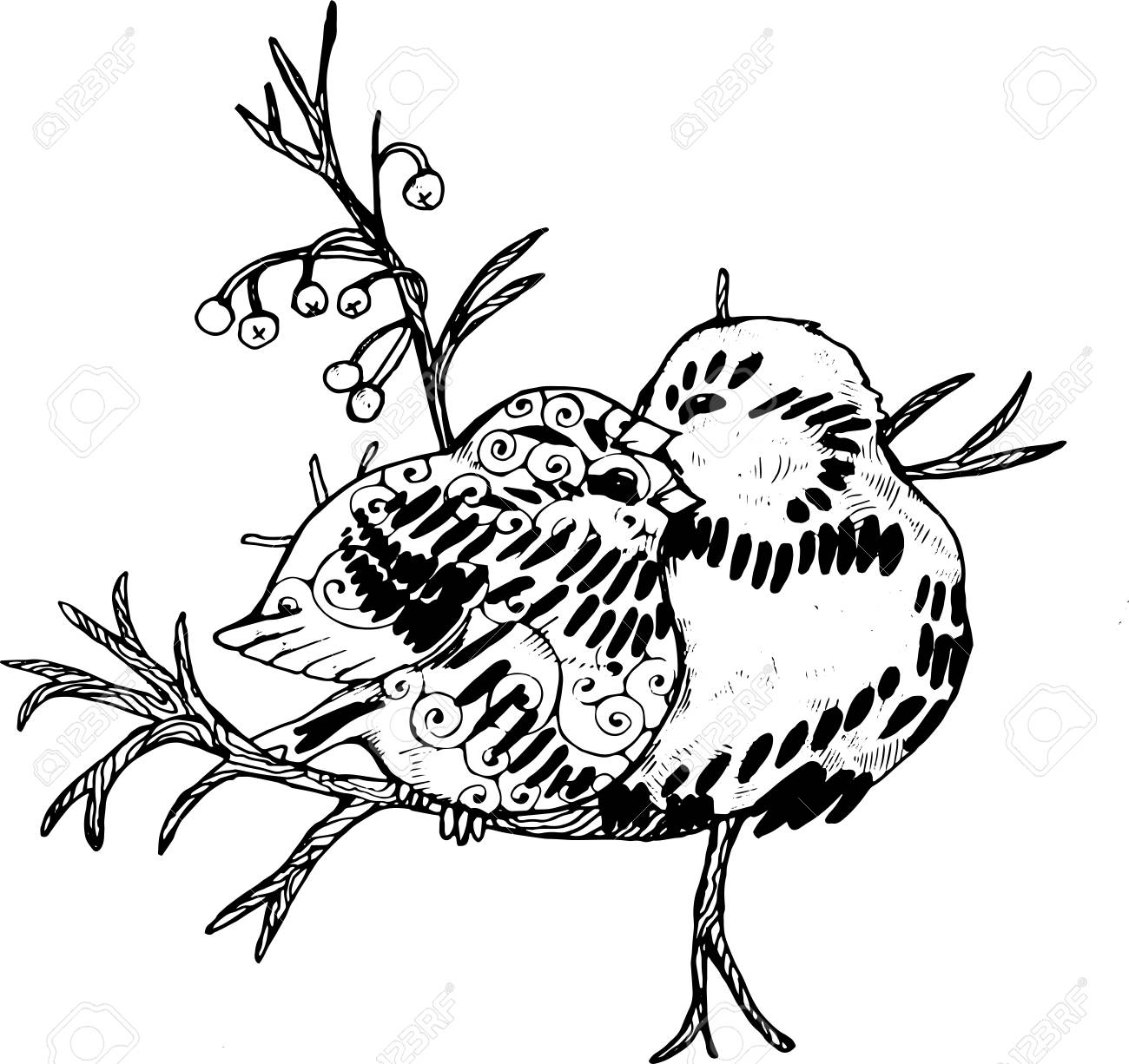 1300x1226 Illustration Of Two Birds On A Branch. Black And White Drawing