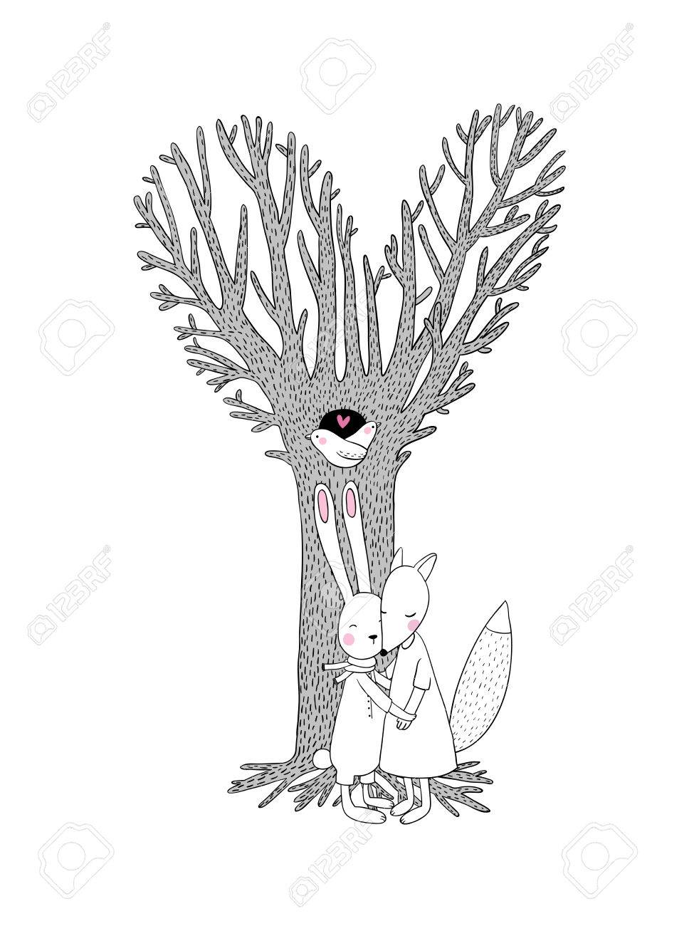 975x1300 Beautiful Magic Tree, Two Birds In A Hollow, Hare And Fox. Hand