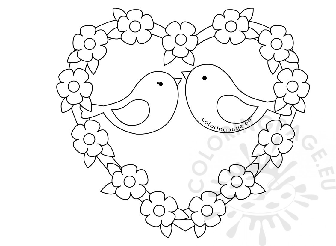 1122x821 Two Birds Sketch With Love Heart Coloring Page