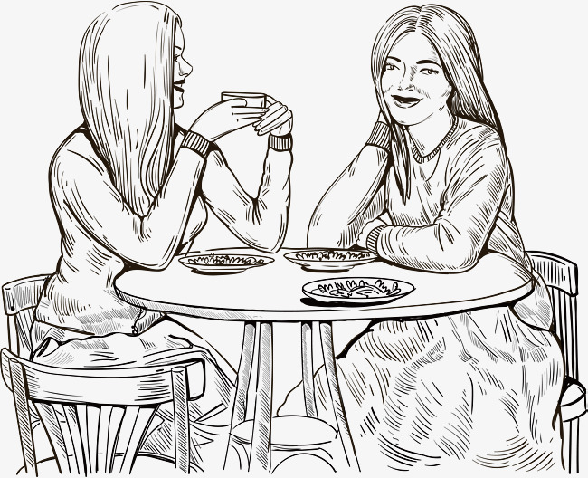 650x528 Hand Drawn Two Girls For Dinner, Vector Png, Eat Together, Sketch