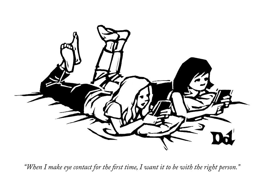 899x626 Two Girls Stare At Their Phones Drawing By Drew Dernavich