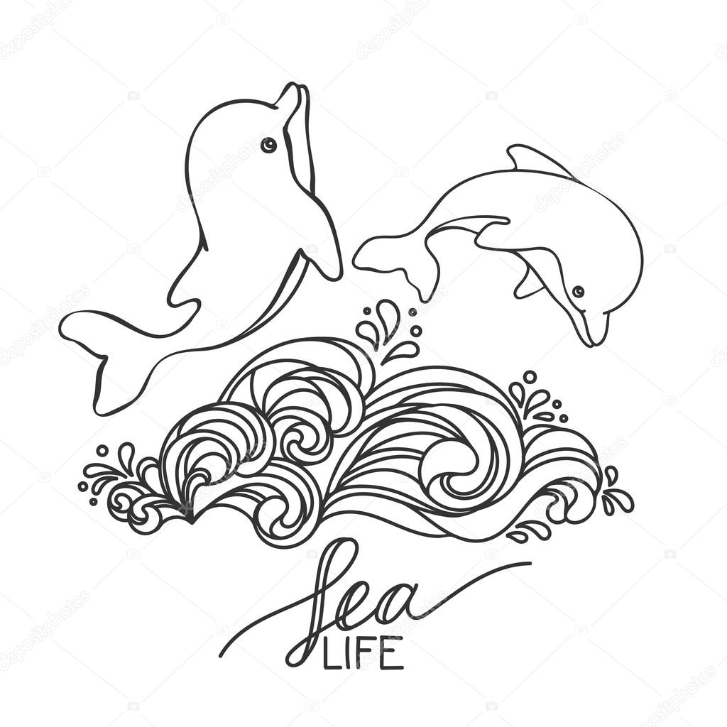 1024x1024 Two Hand Drawn Baby Dolphins, Jumping On Wave. Black And White