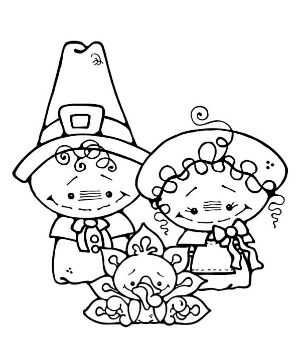 600x707 Thanksgiving Day Coloring Pages Free Two Cute Little Pilgrim Kids