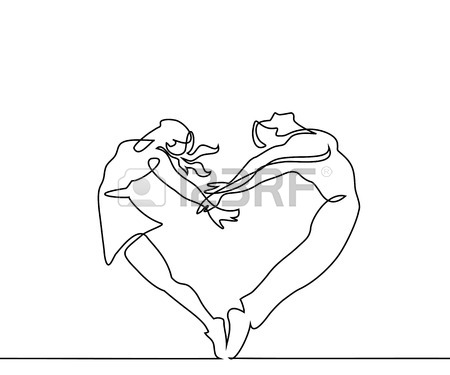 450x375 Continuous Line Drawing. Two People Couple Make Heart In Jump