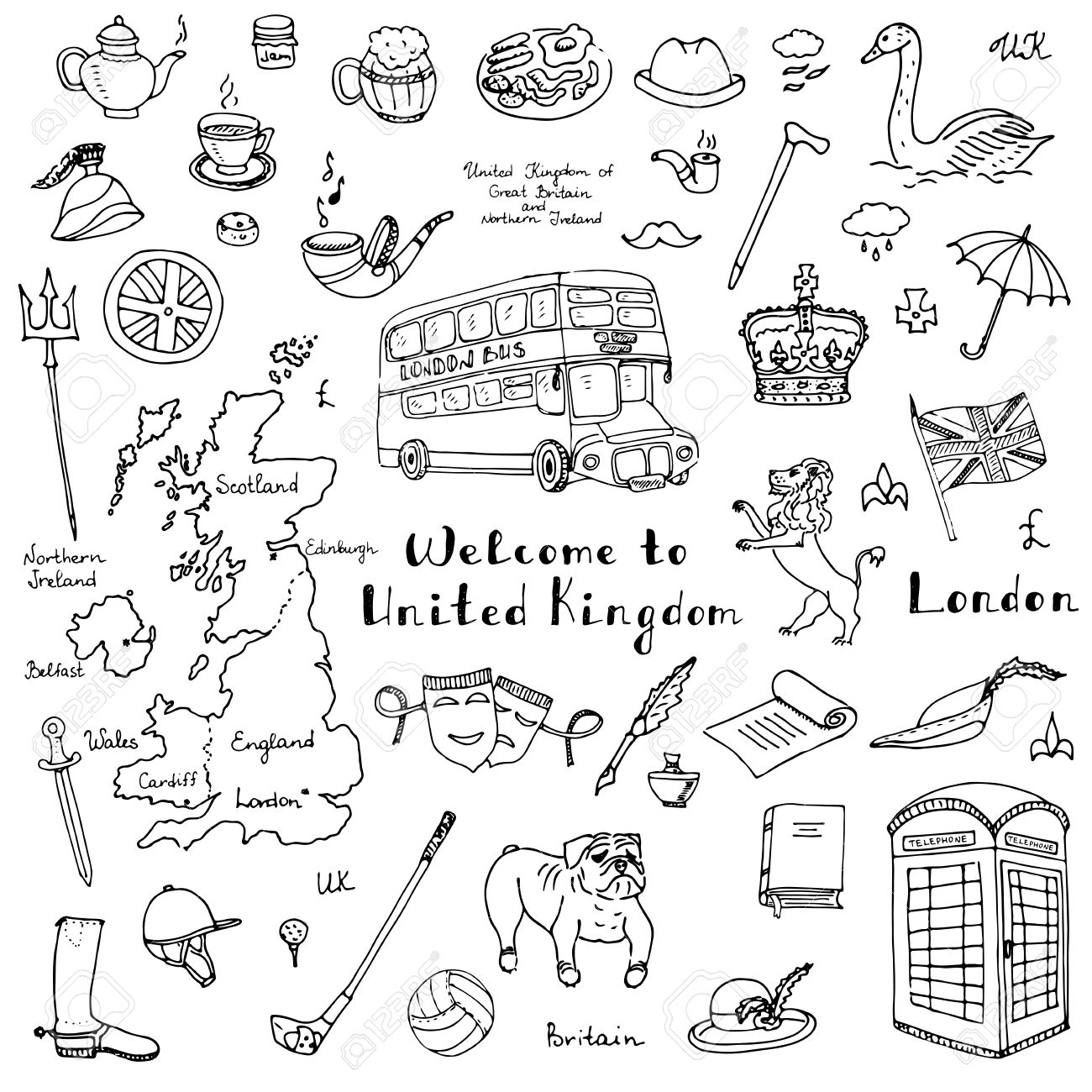 1300x1300 Hand Drawn Doodle United Kingdom Set Vector Illustration Uk Icons