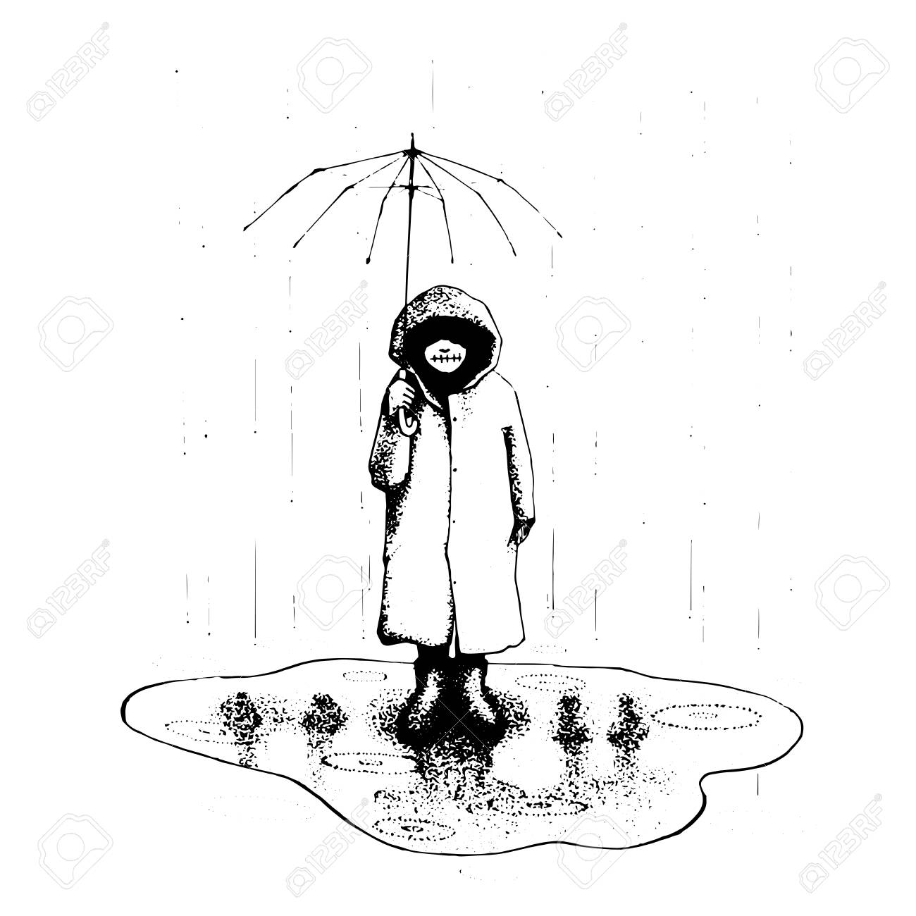 1300x1300 Girl Stand Alone In The Rain With Umbrella. Vector Illustration