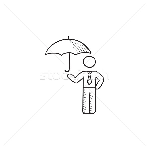 600x600 Businessman With Umbrella Sketch Icon. Vector Illustration