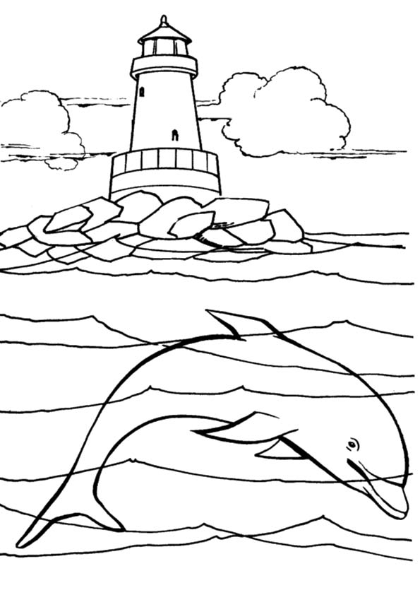 595x842 Lighthouse Coloring Page With Dolphin Under Sea For Kids Free