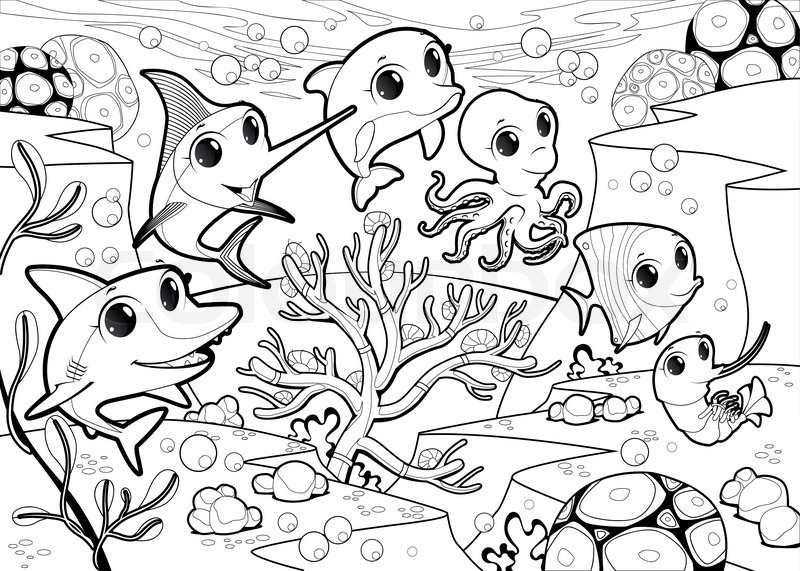 800x571 Funny Marine Animals Under The Sea. Cartoon Vector Illustration