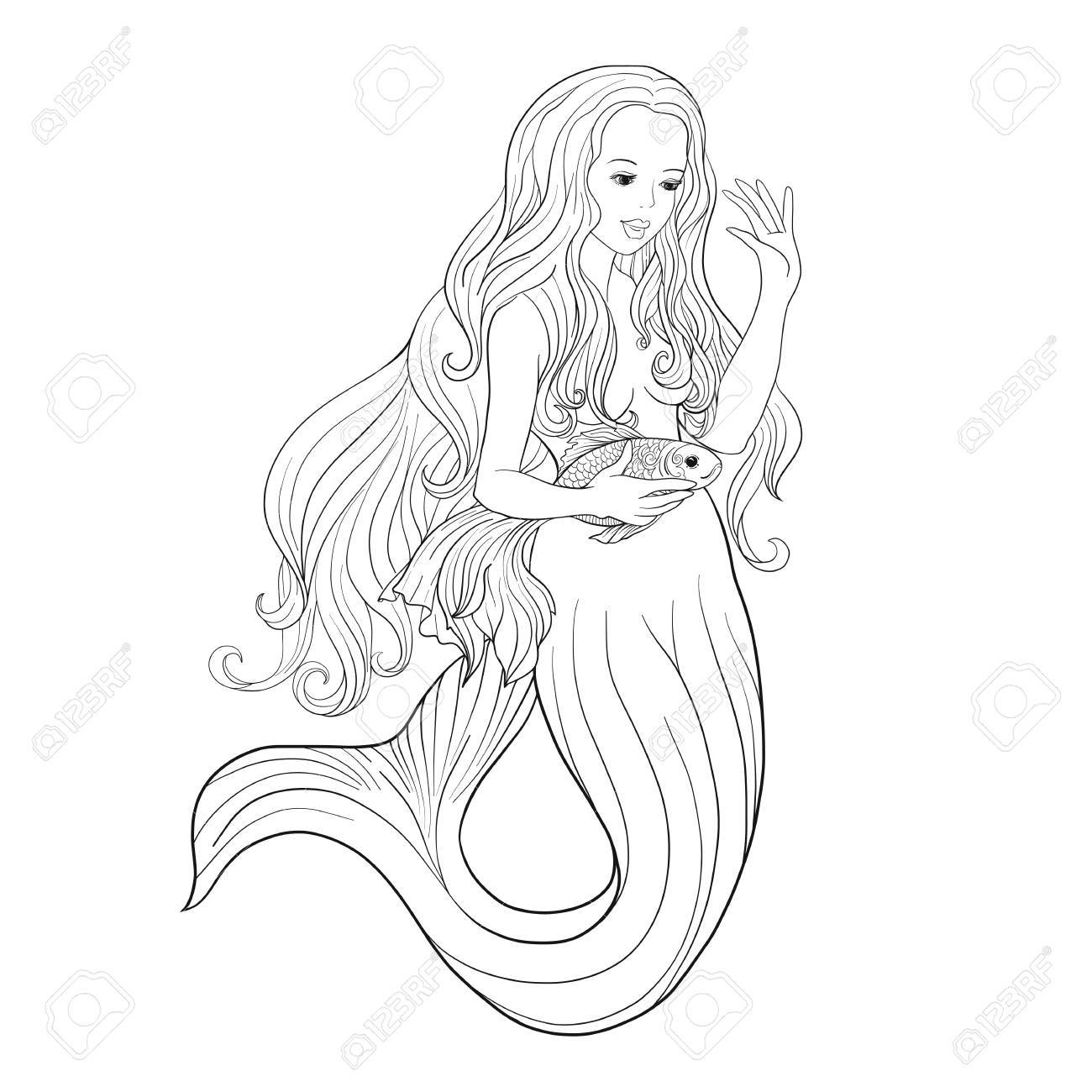 1300x1300 Hand Drawn Mermaid With Gold Fish In Underwater World. Linen