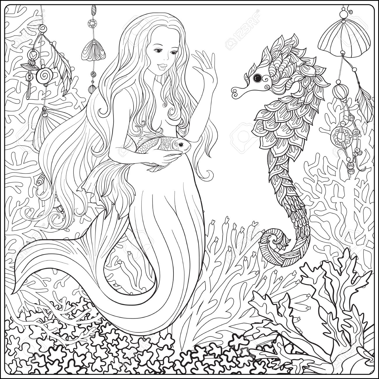 1300x1300 Hand Drawn Mermaid With Gold Fish In Underwater World. Royalty