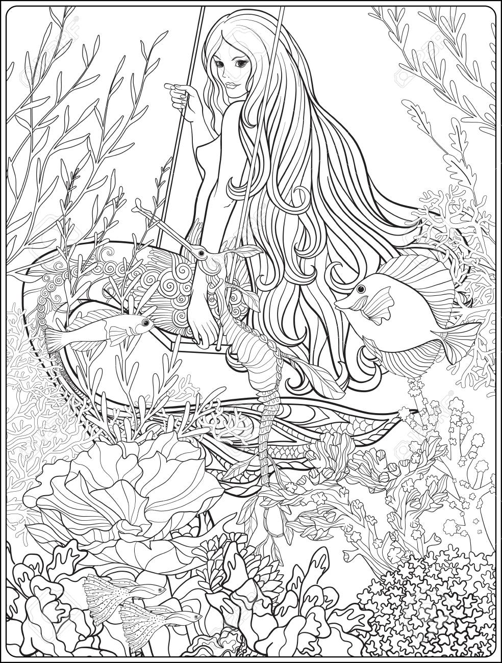 984x1300 Hand Drawn Mermaid With Long Hair In Underwater World. Stock