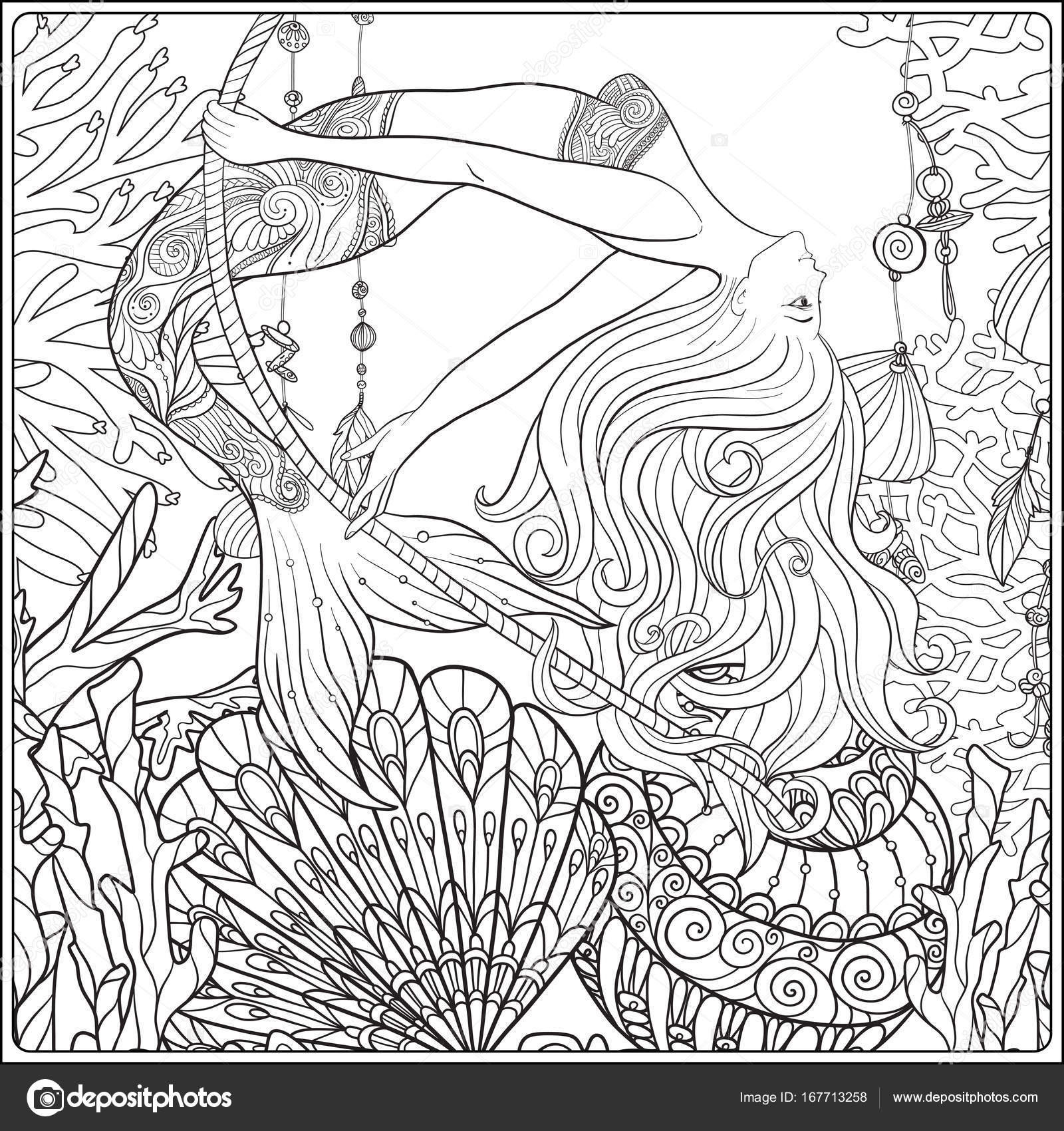 1600x1700 Hand Drawn Mermaid Swinging On Rope In Underwater World. Linen C