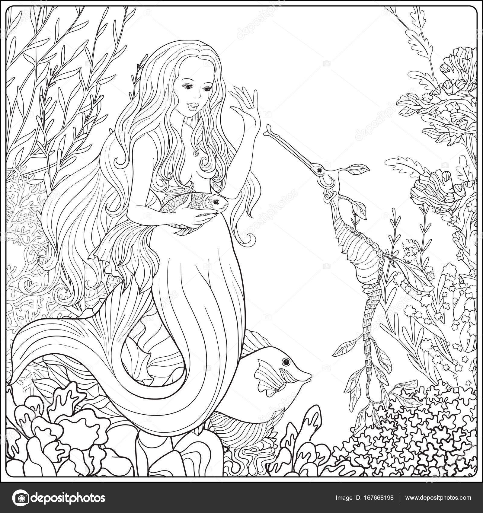 1600x1700 Hand Drawn Mermaid With Gold Fish In Underwater World. Linen Col