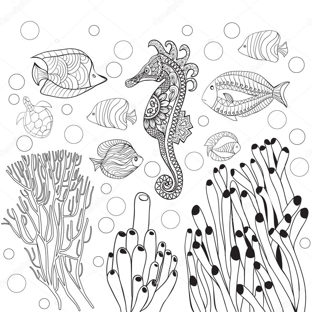 1023x1023 Coloring Page With Underwater World Sea Life, Fishes,sea Horse