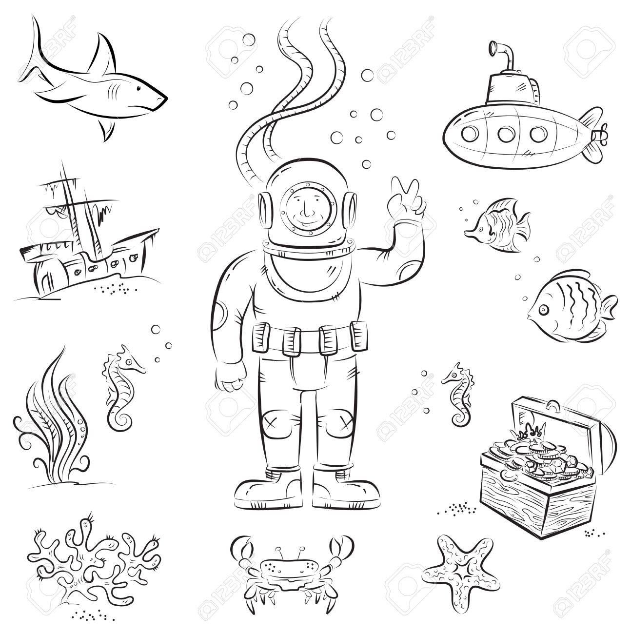 1294x1300 Sketch Set Of Funny Cartoon Izolated Objects On Underwater Diving
