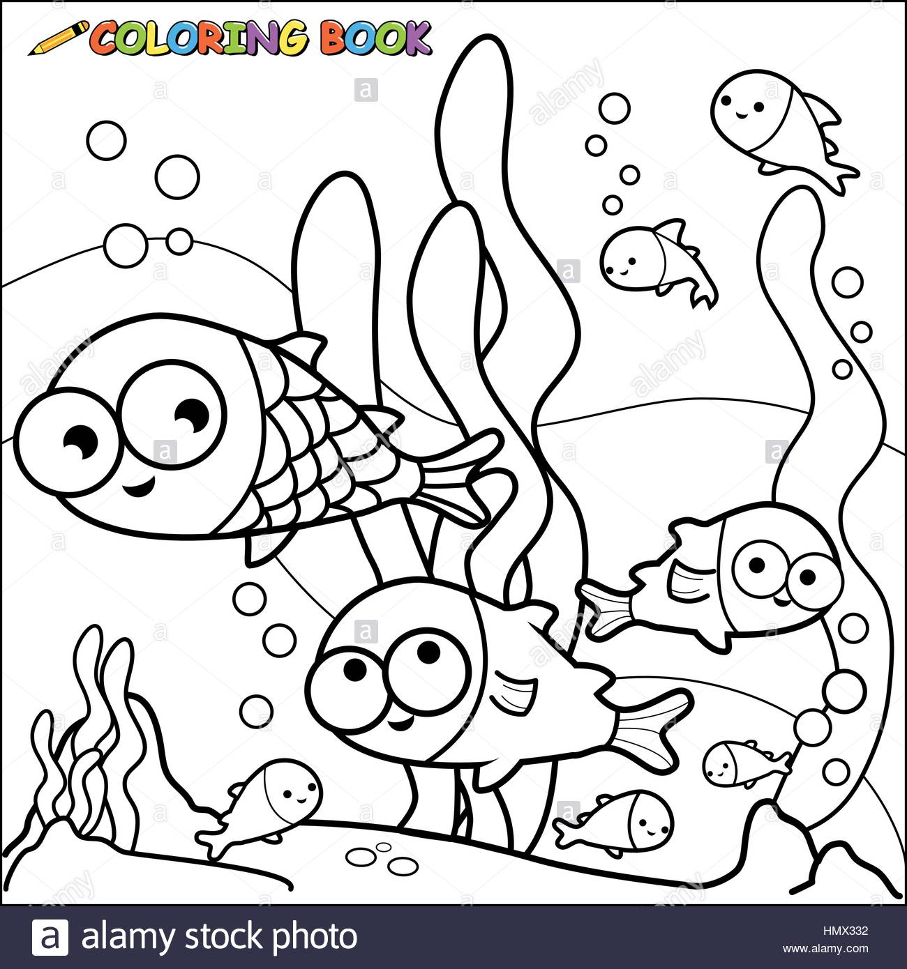 1300x1390 Vector Black And White Outline Image Of Fish Underwater. Coloring