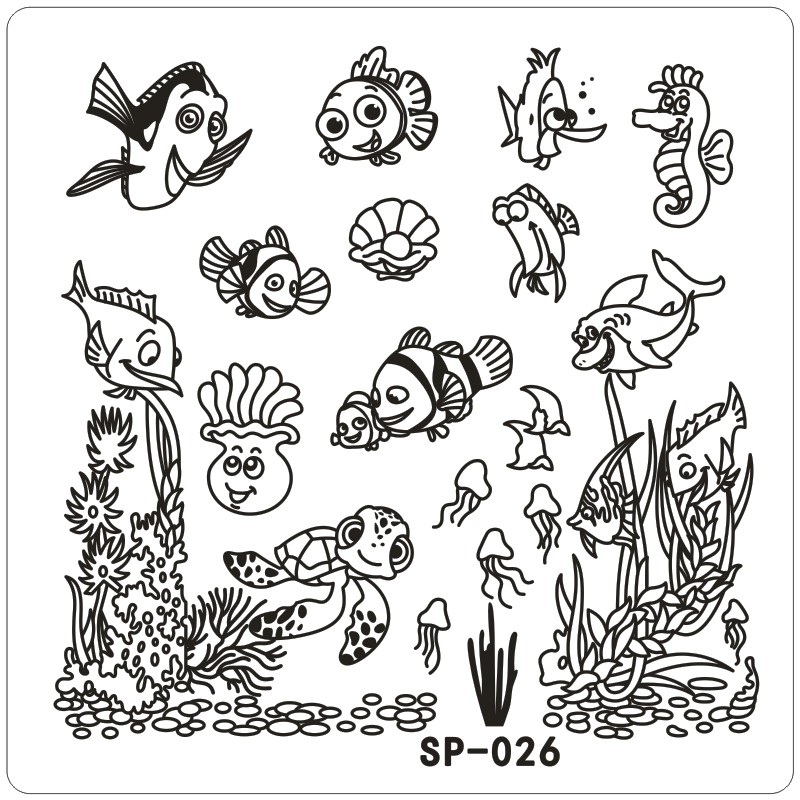 800x800 Clown Fish Underwater Word Cartoon Stamping Nail Art Kit Template