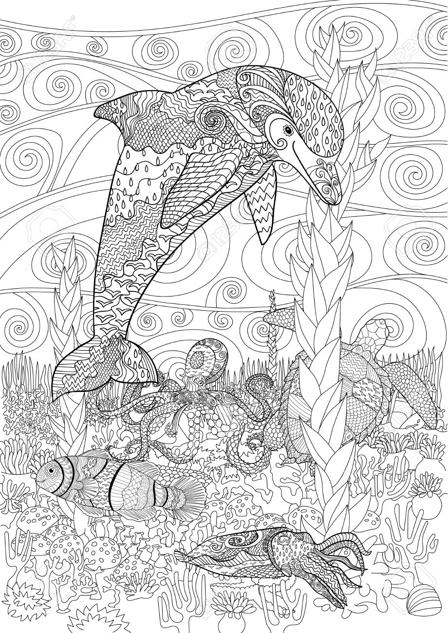 920x1300 Sea Animals With High Details. Adult Antistress Coloring Page