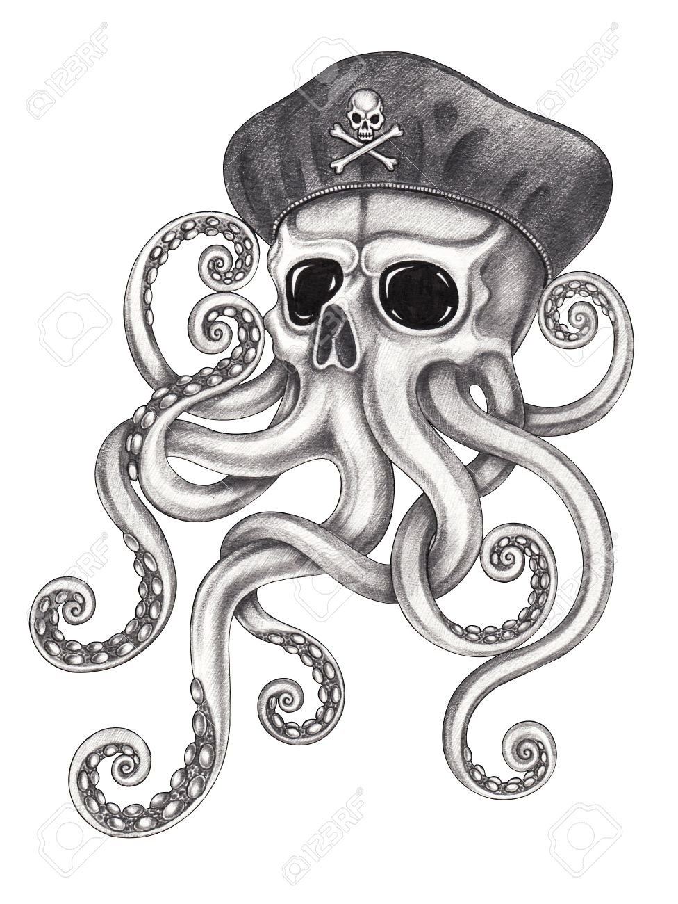 976x1300 Skull Octopus Surreal Tattoo.hand Pencil Drawing On Paper. Stock