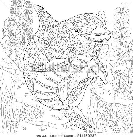 450x470 Stylized Cute Dolphin Swimming Among Underwater Seaweed. Freehand