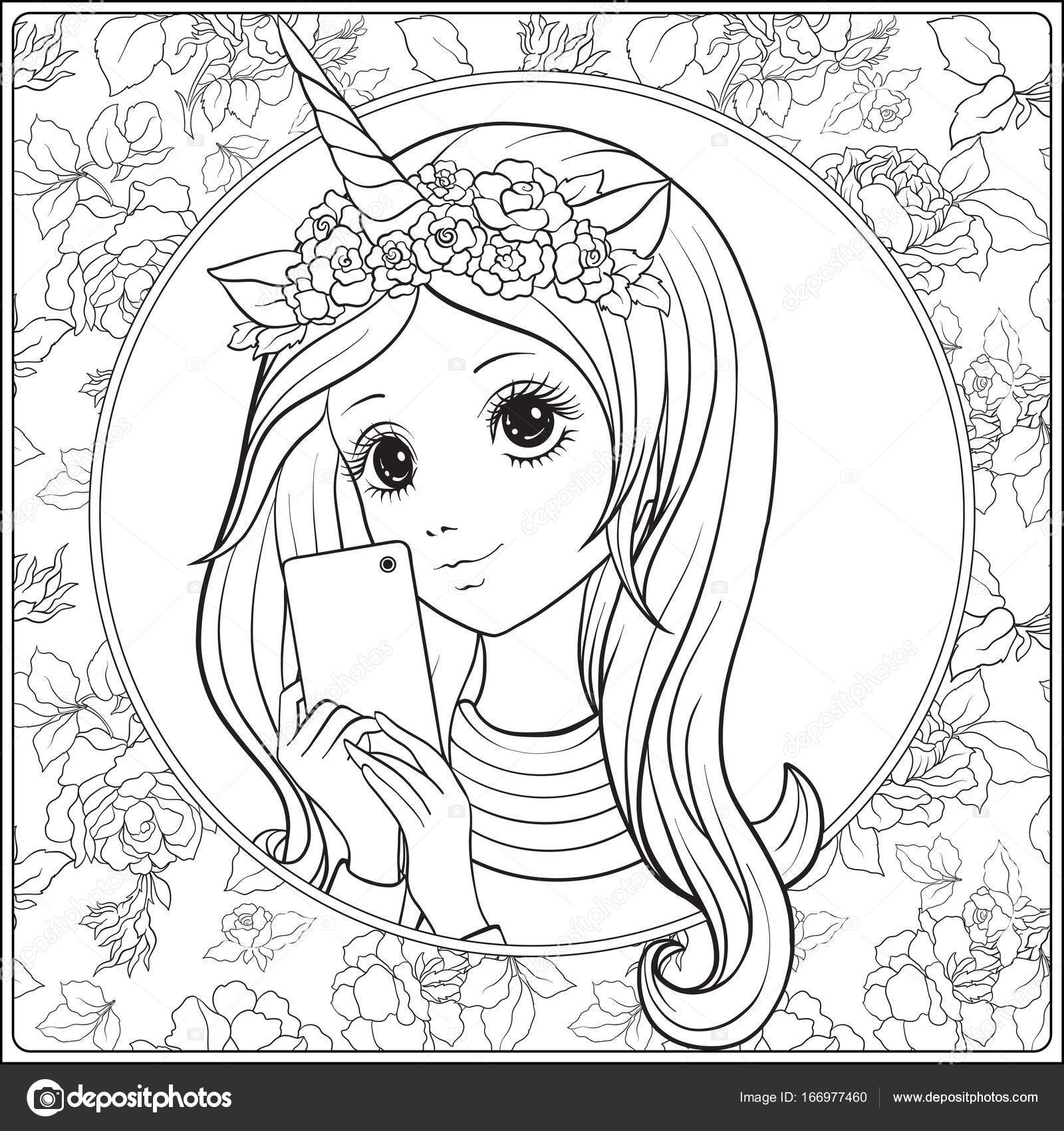 1600x1700 Young Nice Girl With Long Hear And Unicorn Horn And Roses On Her