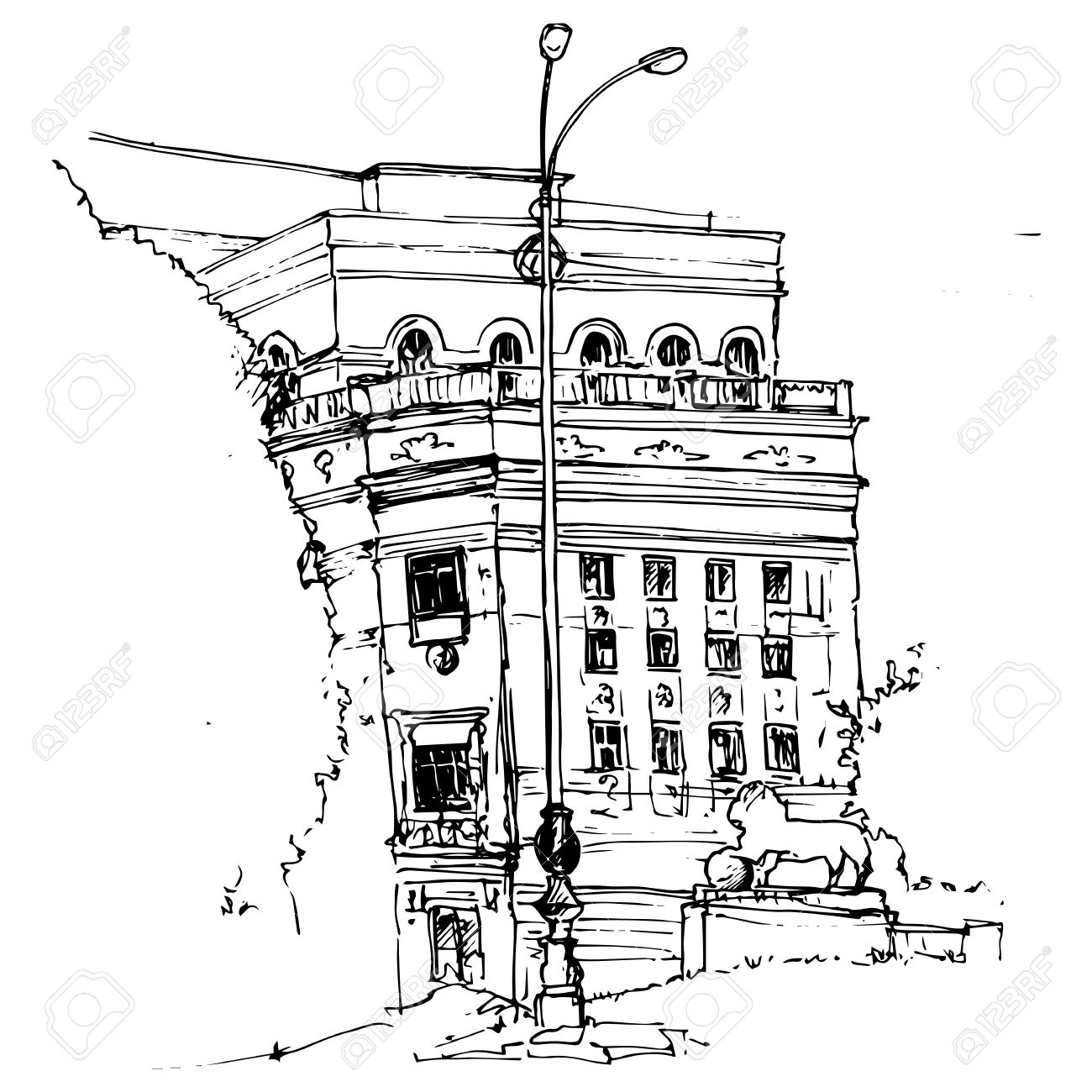 1300x1300 Urban Sketch, City Street With Buildings, Street Lamps And Trees