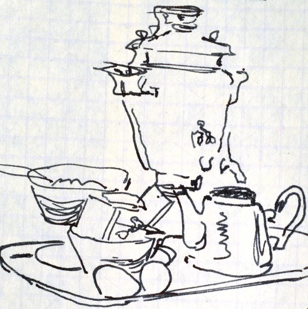 1021x1024 Tea Urn.drawing. Stock Photo Nikpul1