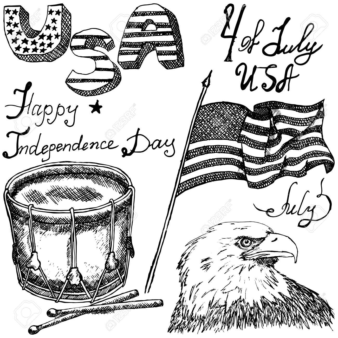1300x1300 Hand Drawn Sketch American Bald Eagle Drum And Usa Flag, Forth