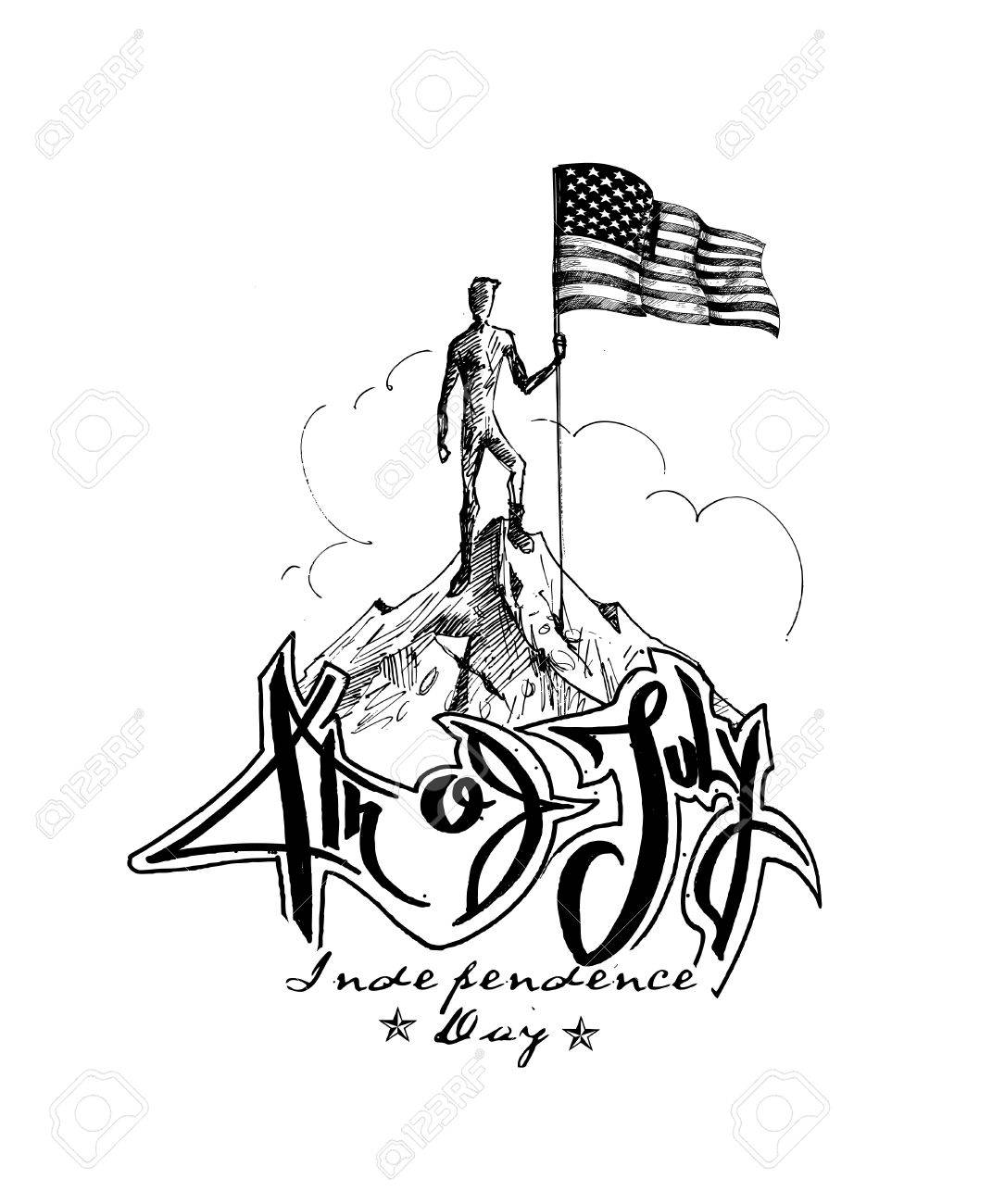 1071x1300 Climber With Usa Flag Conquering Top Of Mountain. Hand Drawn